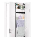 Over The Door Towel Rack 5 Tier Over The Door Towel Bar with Hooks Metal Towel Hanger for Bathroom Towel Holder Over Door with Basket for Bathroom Bedroom (Black)