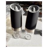 Sweet Alice Gravity Electric Pepper and Salt Grinder Set, Adjustable Coarseness, Battery Powered with LED Light, One Hand Automatic Operation, Stainless Steel Black, 2 Pack