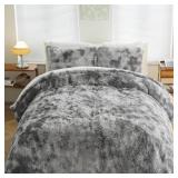 Syalife Twin Shaggy Furry Comforter Set Bed Bedding Set, Fluffy Faux Fur Plush Shaggy Comforter Bedding Set 2 Pieces (1 Furry Comforter + 1 Pillow Sham 20"*26", Tie-dye Light Grey)