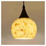 LYSD Shell Mosaic Oval Mini Pendant Light, Retro Mediterranean Shell Glass Island Light for Dining Room Living Room Hallway Entryway Bar White Round Shape