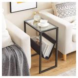 HOOBRO Narrow Side Table, Skinny End Table with Magazine Holder, Thin Bedside Table for Small Spaces Living Room, Small Nightstands Bedroom, Tempered Glass Side Table,Black BK66BZ01