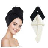 SURPRISE PIE Microfiber Hair Towel Wrap for Women,2Pack Hair Towels with Button,Super Absorbent Hair Turbans for Wet Hair, Long,Curly Hair,Fast Hair Drying Towel (Black and White)