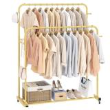 Laiensia Double Rods Garment Rack with Wheels, Clothing Rack for Hanging Clothes,4 Hooks, Multi-functional Bedroom Clothes Rack, Black