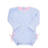 RuffleButts® Baby/Toddler Girls Long Sleeve One Piece Swimsuit - Blue Seersucker with UPF 50+ Sun Protection - 3-6m