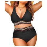 Yonique Womens Plus Size Two Piece Bikini High Waisted Bathing Suit Tummy Control Swimsuit Black 16W