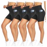 FULLSOFT 4 Pack Biker Shorts for Women  5" High Waist Tummy Control Workout Yoga Running Compression Exercise Shorts with Pockets(4 Pack Black/Black/Black/Black,Large-X-Large)