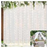 BBTO 2 Panels White Backdrop Curtains with Lights White Curtains for Parties LED Polyester Wedding Backdrop Window Curtains for Ceremony Birthday Bridal Shower Graduation Party Decorations 5ft x 10ft