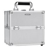 Professional Makeup Train Case Aluminum Makeup Box 4-Tier Trays Crafters Train Case Jewelry Storage Organizer with Lockable Portable Travel Makeup Storage Box for Women and Girls (Bright Silver)