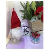 Wagon Wheel Christmas Tabletop Decoration, Gnome Sitter , Mini Ball Ornaments and Tree Farm Metal Sign