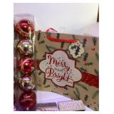 Merry and Bright Gift Bag 3 boxes of Gold/Red Shatterproof Ornaments, 2 boxes Mini Gold Ornaments and 2 Signs