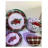 Holiday Red Truck Plate and Bowl Set - 4 Large Plates 11 in, 4 Small Plates 8 in, 3 Large Serving Bowls 9 in and 2 Small Bowls 6 in