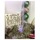 Let It Snow Wooden Tabletop Decoration, 5 Bulb Ornaments and 15 ft Gold Tinsel Garland (6 packs)