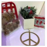 Christmas Decor Bundle - Pinecones , Basket, Floral Arrangement with Holly, Peace Sign and Present Toppers