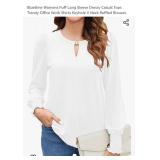 Bluetime Womens Puff Long Sleeve Dressy Casual Tops Trendy Office Work Shirts Keyhole V Neck Ruffled Blouses XL