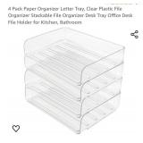 4 Pack Paper Organizer Letter Tray, Clear Plastic File Organizer Stackable File Organizer Desk Tray Office Desk File Holder for Kitchen, Bathroom