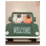 Welcome Decor Plaque, Take Me to the Pumpkin Patch, Ceramic Decor, Cinnamon Broom, Orange Canvas Bucket, and Three Stick Gnomes