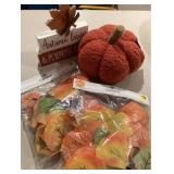 Autumn Leaves Decor Plaque, Cloth Pumpkin, and Two Leaf Garlands