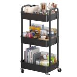 Sywhitta 3-Tier Plastic Rolling Utility Cart with Handle, Multi-Functional Storage Trolley for Office, Living Room, Kitchen, Movable Storage Organizer with Wheels, Black