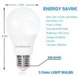 Scheinenda A19 3-Color LED Light Bulbs with Warm White, Daylight, Natural White, Color Changing Light Bulb, 9W (60 Watt Equivalent), 800 Lumen, E26 Standard Base,CRI 80+, ETL FCC Listed, 6 Pack