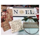 Two Large Gift Bags, Four Small Gift Bags, Noel Wall Plaque 19 x 9 1/2, HoHoHo With LED Light, Round Happy Holidays Wall Decor, Six Felt Stocking Clips, and Six Mini Stoxkings