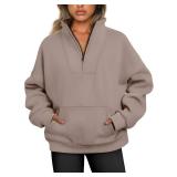 Trendy Queen Sweatshirts Half Zip Pullover Quarter Zip Oversized Hoodies Sweaters Comfy Fall Outfits 2024 Y2K Winter Clothes CoffeeGrey XL