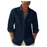 JEKAOYI Button Down Linen Shirts for Men Casual Long Sleeve Regular Fit Cotton Beach Shirts with Pocket Navy XL