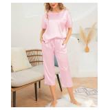 SWOMOG Womens 2 Piece Satin Pajamas Silk Short Sleeve Pjs Sets Capri Bottom Pajama Pants Loose Outfit with Pockets Pink XX-Large