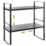 Across-Star Expandable Cabinet Shelf Organizer Rack, Stackable Kitchen Counter Storage Shelves Stand, Adjustable Height Pantry Shelf Spice Rack (Black, 2 Pack)