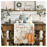 Artoid Mode Hello Pumpkin Flowers Leaves Thanksgiving Table Runner, Seasonal Fall Harvest Vintage Kitchen Dining Table Decoration for Indoor Outdoor Home Party Decor 13 x 36 Inch