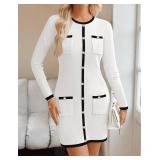 ZESICA Fall Dresses for Women 2024 Long Sleeve Button Color Block Knit Bodycon Short Sweater Dresses with Pockets,White,Medium