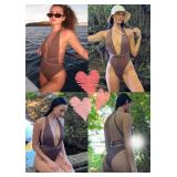 ZAFUL Women Plunging One Piece Swimsuit Backless Cross Tie High Cut Thong One-Piece Bathing Suit 3-Coffee M