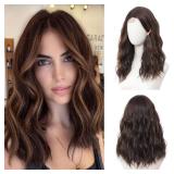 BUPPLER Brown Highlight Wig 18 Inch Medium Length Wigs for Women Middle Part Synthetic Hair Wavy Wig with Upgraded Strands,Natural Hair Wig for Daily Party/Halloween Use 18Inch,Brown Highlight