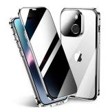 KMXDD Anti-Peeping iPhone 14 Case with Lock, 360° Full Body Privacy Screen Protector Camera Lens Protector Clear Double Sided Tempered Glass [Magnetic Adsorption] Metal Bumper Cover (Silver)