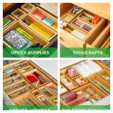 Grow Forward Bamboo Drawer Organizer Boxes - Set of 14 Wooden Drawer Organizers for Kitchen, Bathroom, Office, Desk, Vanity, Makeup - Non-Slip Junk Drawer Organizer Trays for Storage and Organization