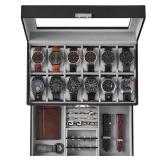 SONGMICS 12-Slot Watch Box, Lockable Watch Case with Glass Lid, 2 Layers, with 1 Drawer for Rings, Bracelets, Gift Idea, Black Synthetic Leather, Gray Lining UJWB012