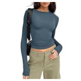 Trendy Queen Womens Long Sleeve Shirts Basic Crop Tops Tight Slim Fit Cute Teen Girls Fall Winter Y2k Clothes Haze Blue S