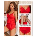 Avidlove Two Piece Sets for Women Lace Pajamas Satin Cami Shorts Lounge Set Red Large