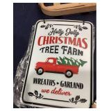 Basket, Red Truck Metal Wall Plaque, Two Tree Ornaments, Three Medium Gift Bags, Seasons Greetings Round Wall Decor, and One Drink Cup