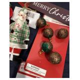 Assorted Christmas Tree Ornaments (17), One Gold Glitter Tree Topper, One Pkg Ornament Hangers, One Pkg DIY Mini Trees, and One Cat Toy