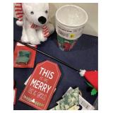 White Stuffed Puppy Dog, Eight 9 Oz Paper Cups, Cat Toy with a Santa Hat, One Pkg Ornament Hangers, Scented Broom Stick, and Five Assorted Tree Ornaments