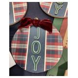 Four Bottle Gift Bags, Three Medium Gift Bags, Five Joy Themed Round Tree Ornaments, and Three Assorted Ornaments