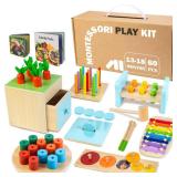 WOODMAM Wooden Montessori Toys for 1+ Year Old, 9 in 1 Learning Educational Toys for Toddler with Educational Box, Xylophone, Pound Bench, Shape Puzzle and More, Baby Toy Gift for 12-18 Months