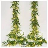 Dolicer 2 Packs Eucalyptus Garland with LED Lights String, 12Ft Faux Eucalyptus Greenery Garland, Artificial Hanging Green Eucalyptus Leaves Vine Wedding Backdrop Arch Wall Table Decor (Grey Green)