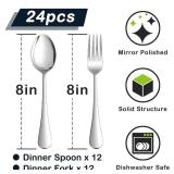 24-piece Forks and Spoons (8 Inches) Silverware Set, HaWare 18/0 Stainless Steel Serving Flatware Cutlery Set for Home, Kitchen and Restaurant, Mirror Polished, Dishwasher Safe