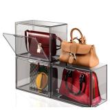 Starogegc 3 Pack Purse Storage Organizer for Closet, Transparent Gray Acrylic Display Case for Handbag, Clear Plastic Stackable Storage Organizer for Book, Toys Display, Easy to Assemble