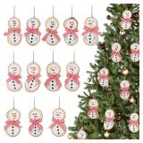 12 Sets Christmas Snowman Hanging Decorations Snowmen Wooden Ornaments for Xmas Tree Rustic Winter Snowman Decor with Red White Ribbon for Stocking Stuffers Home Party Decor