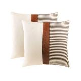 TIMDAM Farmhouse Decorative Throw Pillow Covers 18x18, Set of 2 Couch Pillow Cover for Living Room, Stripe Patchwork Linen Pillow Covers, Modern Accent Decor Square Faux Leather Throw Pillow Cases