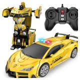 LNNKINE Remote Control Car, Transform Robot RC Cars, 2.4Ghz Transforming Police Car Toy with LED Light, One-Button Deformation & Rotating Drifting, Toys for 5+ Year Boys/Girls