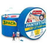 XFasten Professional Blue Painters Tape, Sharp Edge Line Technology, 1.5 Inches x 60Yards (3-Pack) - Produces Sharp Lines and Residue-Free Artisan Grade Clean Release Wall Trim Tape