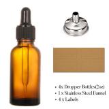 AOZITA 4 Pack, 2 oz Dropper Bottles with 1 Funnel & 4 Labels - 60ml Thick Dark Amber Glass Tincture Bottles with Eye Droppers - Leakproof Essential Oils Bottles